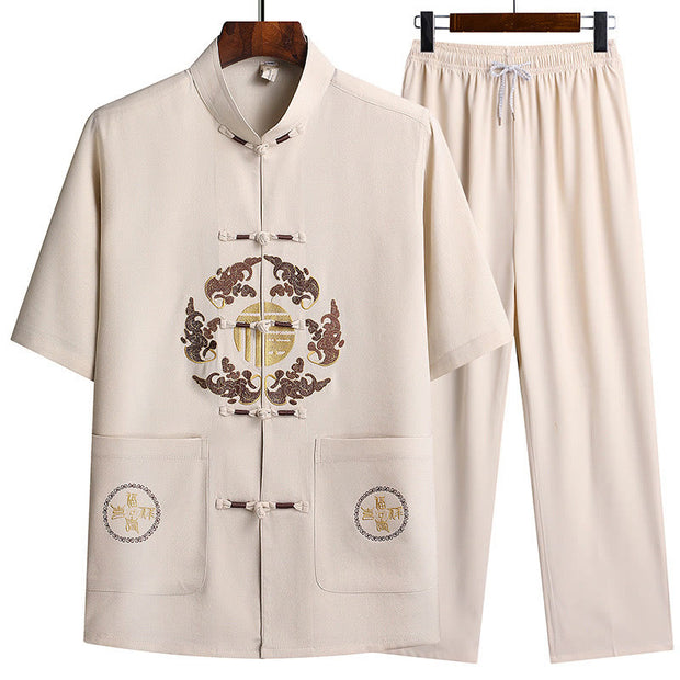 Buddha Stones Fu Character Tang Suit Hanfu Traditional Uniform Short Sleeve Top Pants Clothing Men's Set