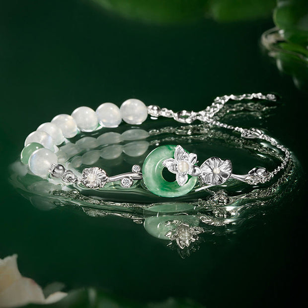 Buddha Stones Natural Chalcedony Green Jade Peace Buckle Lotus Positive Necklace Pendant Bracelet Earrings Ear Clips Set Bracelet Necklaces & Pendants BS Bracelet(Wrist Circumference 14-19cm)