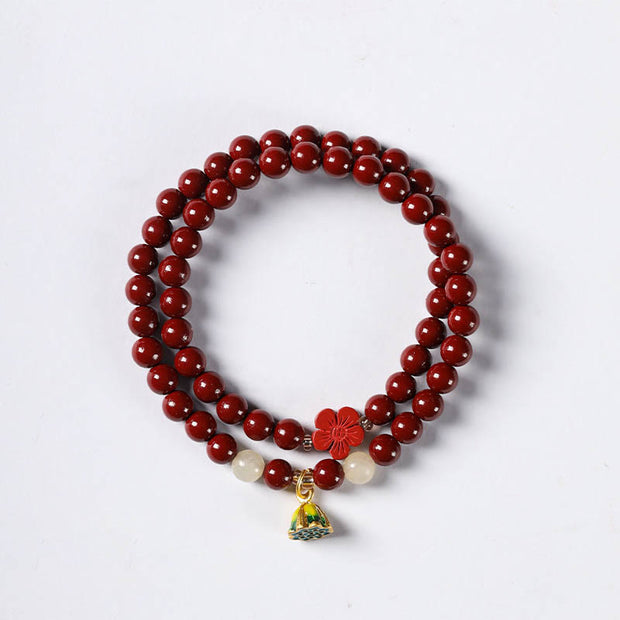 Buddha Stones Cinnabar Lotus Charm Double Wrap Blessing Bracelet