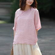 Buddha Stones V-Neck Ramie Linen Loose Casual Blouse Short Sleeve Shirt Chinese Style Top