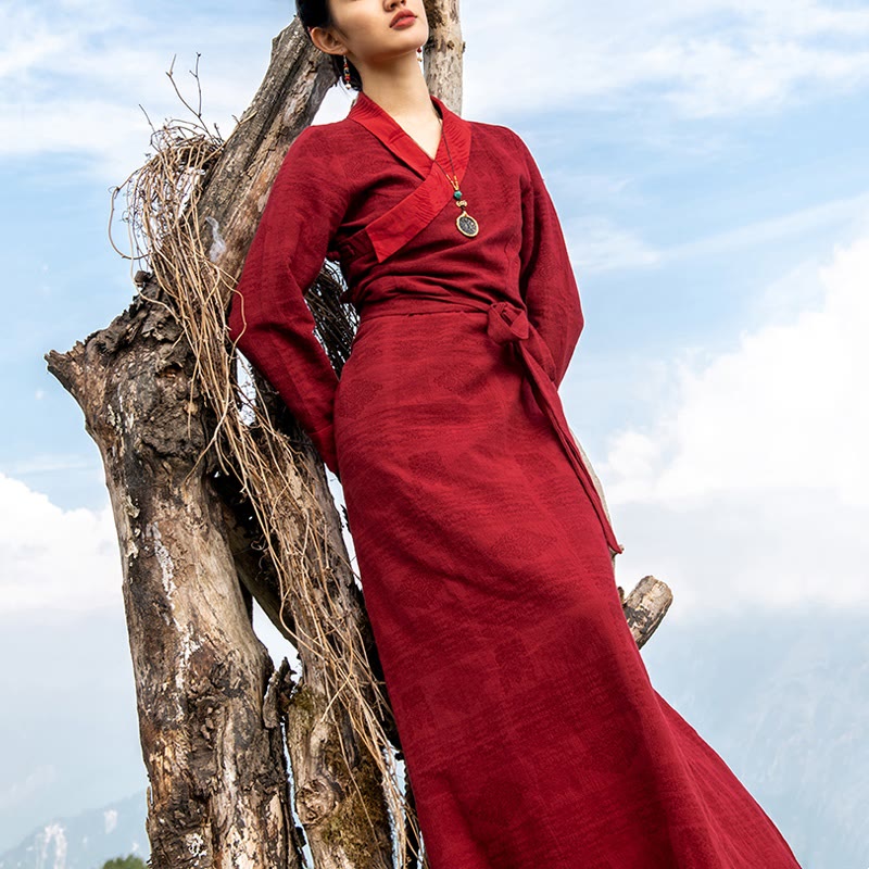 Buddha Stones Tibetan Dress Clothing Lhasa Long Wrap Dress Maxi Dress Women Clothing, Red (auspicious cloud pattern) / US6,UK/AU10,EU38 (L)