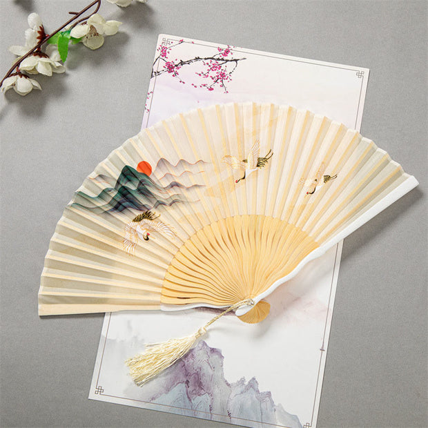 Buddha Stones Flying White Crane Sun Cloud Handheld Silk Bamboo Folding Fan 22cm 1