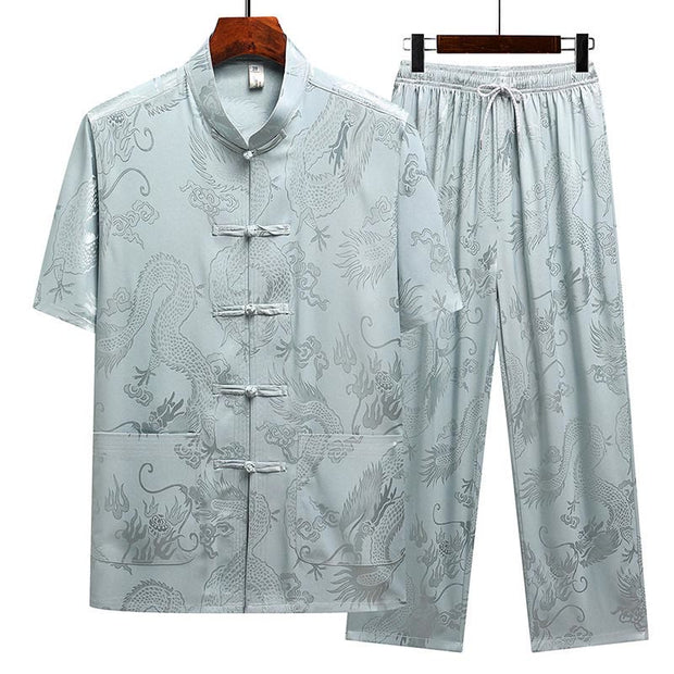 Buddha Stones Dragon Pattern Tang Suit Hanfu Traditional Uniform Short Sleeve Top Pants Clothing Men's Set Men's Meditation Cloth BS Gray Blue(Top&Pants) 4XL(Bust 128cm/Waist 73-115cm/Pants Length 104cm)