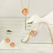 Buddha Stones 18K Gold Plated Copper Two Birds Zircon Healing Necklace Pendant Bracelet Earrings Set