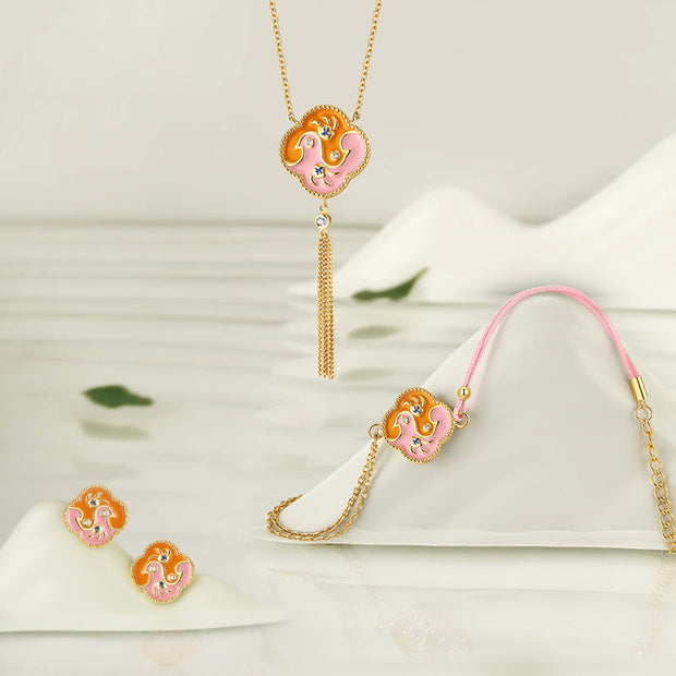 Buddha Stones 18K Gold Plated Copper Two Birds Zircon Healing Necklace Pendant Bracelet Earrings Set