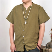 Buddha Stones Men's Short Sleeve Button Down Cotton Linen Shirt Men's Shirts BS OliveDrab 3XL(Fit for US/UK/AU44; EU54)