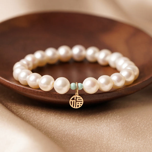 Buddha Stones Natural Pearl Fu Character Charm Healing Bracelet