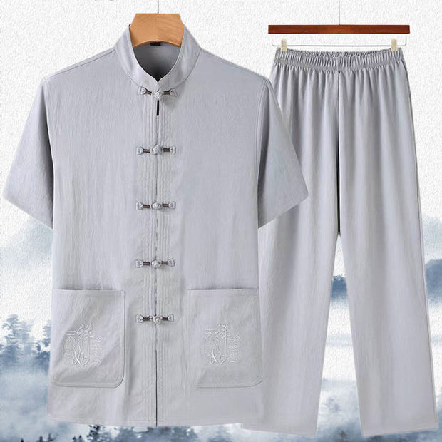 Buddha Stones Good Luck Character Tang Suit Hanfu Traditional Uniform Short Sleeve Top Pants Clothing Men's Set 11
