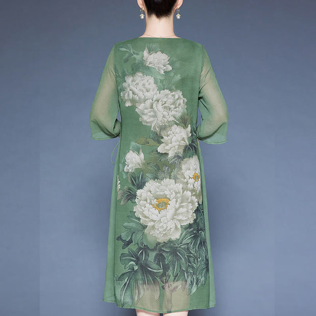 Buddha Stones Peony Flowers Print Three Quarter Sleeve Midi Dress