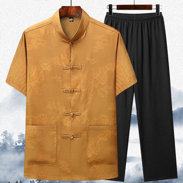 Buddha Stones Mountains Trees Tang Suit Hanfu Traditional Uniform Short Sleeve Top Pants Clothing Men's Set Men's Meditation Cloth BS Yellow Top&Pants 44/4XL