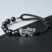 Buddha Stones 999 Sterling Silver FengShui PiXiu Natural Black Obsidian 925 Sterling Silver Bead Strength Bracelet