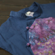 Buddha Stones Vintage Purple Flower Print Ramie Linen Cheongsam Midi Dress With Pockets