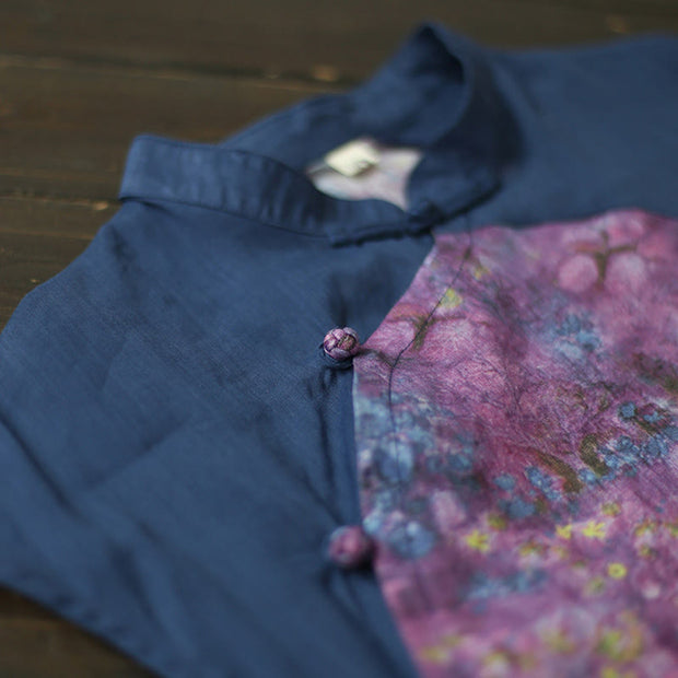 Buddha Stones Vintage Purple Flower Print Ramie Linen Cheongsam Midi Dress With Pockets Cheongsam Dresses BS 6