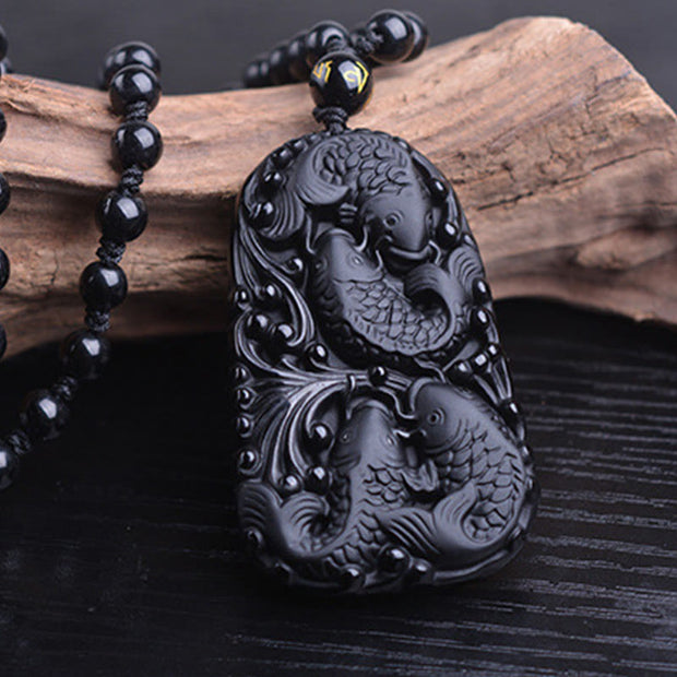 Buddha Stones Black Obsidian Koi Fish Engraved Strength Beaded Necklace Pendant Necklaces & Pendants BS 12