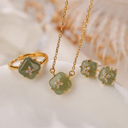 Buddha Stones 925 Sterling Silver Plated Gold Hetian Cyan Jade Rhombus Design Luck Necklace Pendant Ring Earrings Set Bracelet Necklaces & Pendants BS 3Pcs(Necklace&Ring&Earrings)