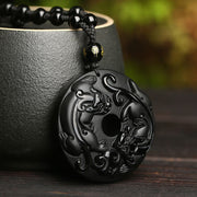 Buddha Stones Natural Black Obsidian Peace Buckle Pixiu Bead Rope Strength Necklace Pendant Necklaces & Pendants BS 3