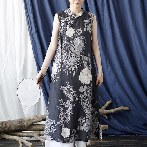 Buddha Stones Ancient Ramie Linen Flowers Printing Cheongsam Dresses Sleeveless Dress 14