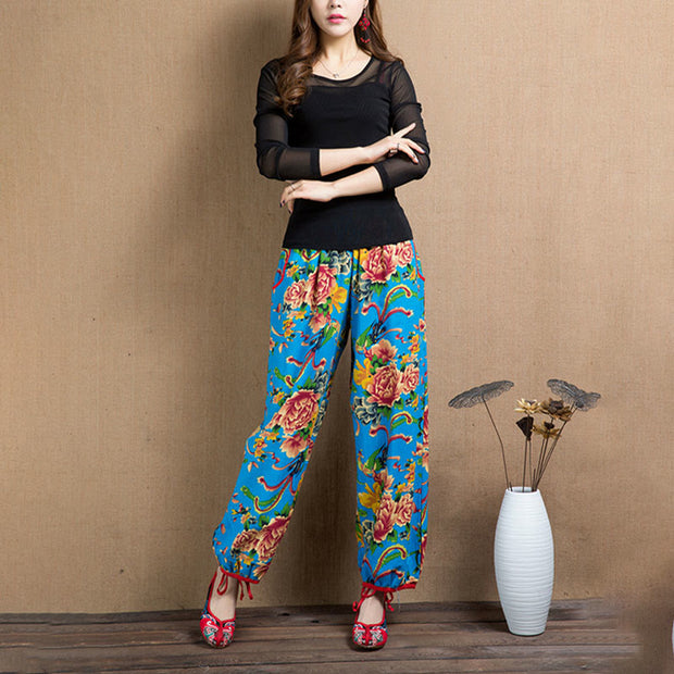 Buddha Stones Ethnic Style Red Green Flowers Print Harem Pants With Pockets Women's Harem Pants BS 32