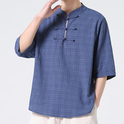 Buddha Stones Frog-Button Plaid Pattern Chinese Tang Suit Half Sleeve Shirt Cotton Linen Men Clothing Men's Shirts BS 3