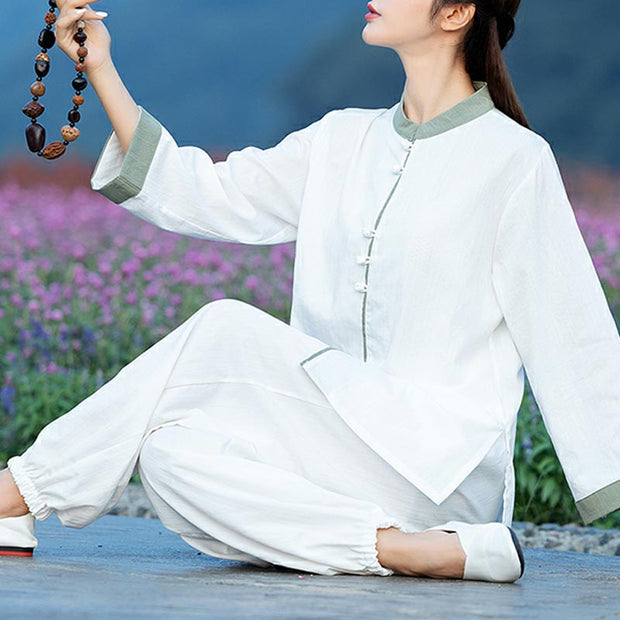 Buddha Stones 2Pcs Tang Suit Top Pants Meditation Yoga Zen Tai Chi Cotton Linen Clothing Women's Set Clothes BS 9