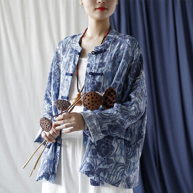 Buddha Stones Retro Blue White Flowers Frog-Button Design Long Sleeve Ramie Linen Jacket Shirt 27
