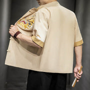 Buddha Stones Frog-Button Chinese Dragon Auspicious Cloud Embroidery Half Sleeve Shirt Cotton Linen Men Clothing