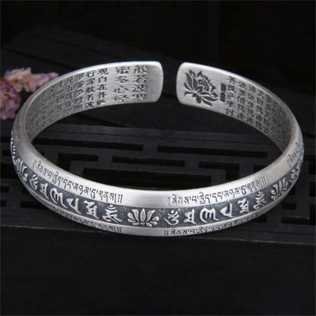 Buddha Stones 999 Sterling Silver Om Mani Padme Hum Heart Sutra Lotus Peace Bracelet Bangle