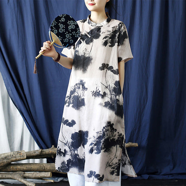 Buddha Stones Ramie Linen Ink Lotus Leaf Cheongsam Dresses Short Sleeve Dress 16