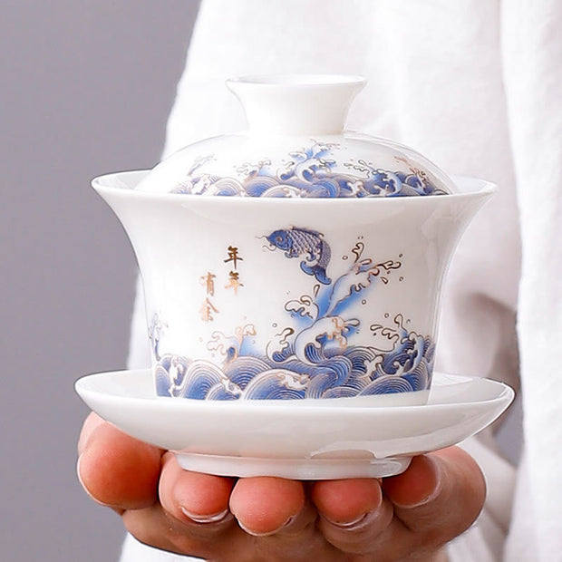 Buddha Stones White Porcelain Mountain Landscape Countryside Ceramic Gaiwan Teacup Kung Fu Tea Cup And Saucer With Lid Cup BS 8