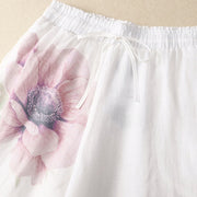 Buddha Stones Floral Print High Waist Cotton Linen Drawstring Wide Leg Pants With Pockets  4