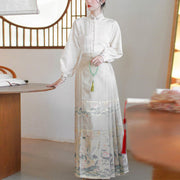 Buddha Stones Long Sleeve Shirt Top Chinese Hanfu Crane Lotus Printed Horse Face Skirt Mamianqun Riding Skirt BS 14
