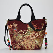 Buddha Stones Peacock Double-sided Embroidery Tote Bag Shoulder Bag Crossbody Bag Bag BS Wine Red Peacock Shoulder Bag/Tote Bag
