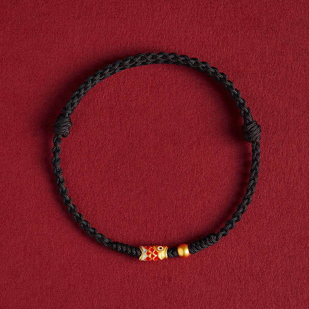 Buddha Stones 925 Sterling Silver Handmade Koi Fish Wealth Success Braided Rope Bracelet Bracelet BS Koi Fish Black(Wrist Circumference 14-18cm)