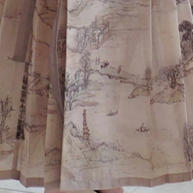 Buddha Stones V-Neck Long Sleeve Shirt Top Chinese Hanfu Ink Printing Landscape-Printed Horse Face Skirt Mamianqun