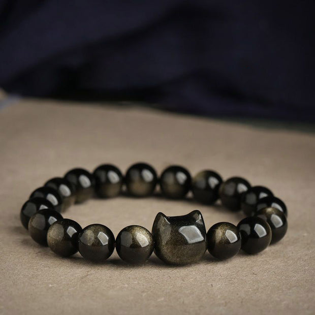 Buddha Stones Gold Sheen Obsidian Silver Sheen Obsidian Lovely Paw Lucky Cat Protection Bracelet