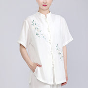 Buddha Stones White Flowers Embroidery Meditation Prayer Spiritual Zen Tai Chi Qigong Practice Unisex Clothing Set 27