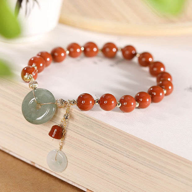 Buddha Stones 14k Gold Filled Jade Red Agate Peace Buckle Copper Coin Gourd Confidence Bracelet