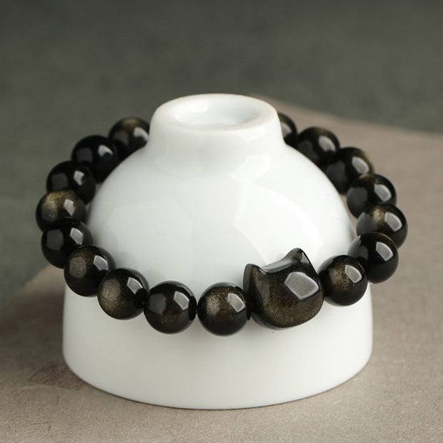 Buddha Stones Gold Sheen Obsidian Silver Sheen Obsidian Lovely Paw Lucky Cat Protection Bracelet