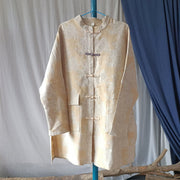 Buddha Stones Black Gray Beige Print Frog-button Design Long Sleeve Cotton Linen Jacket Shirt With Pockets