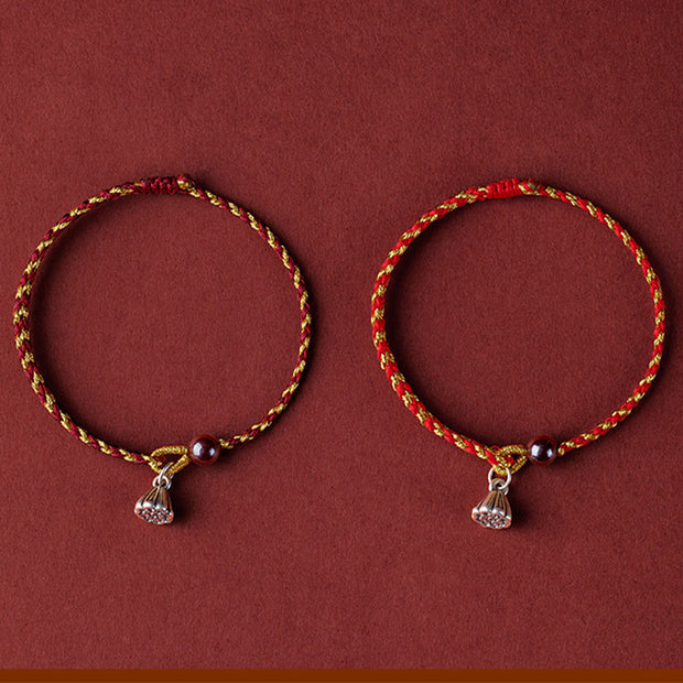 Buddha Stones Handcrafted Red Gold Rope Lotus Peace And Joy Charm Braid Bracelet Bracelet BS 16