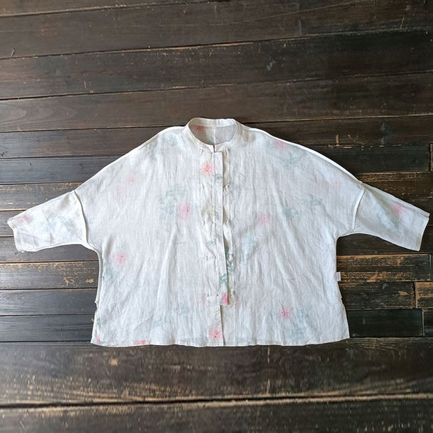 Buddha Stones White Red Flowers Green Leaves Frog-Button Long Sleeve Ramie Linen Jacket Shirt 15