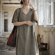 Buddha Stones Handmade Tie Dye V-Neck Midi Dress Linen Short Sleeve Dress 23