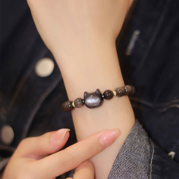 Buddha Stones Gold Sheen Obsidian Silver Sheen Obsidian Lovely Paw Lucky Cat Protection Bracelet