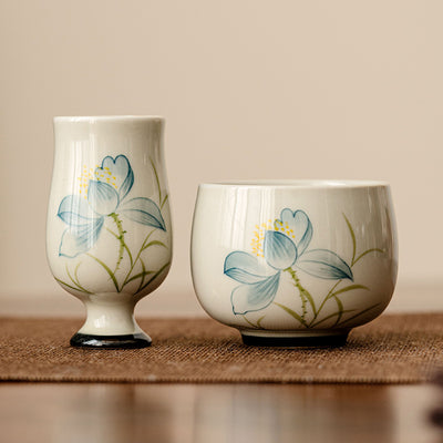 Buddha Stones Hand Painted Lotus Flower Ceramic Teacup Kung Fu Tea Cup Cup BS main