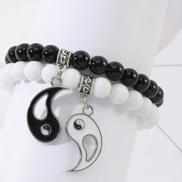 Buddha Stones 2Pcs Black Onyx White Turquoise Bead Yin Yang Protection Couple Bracelet Bracelet BS 8