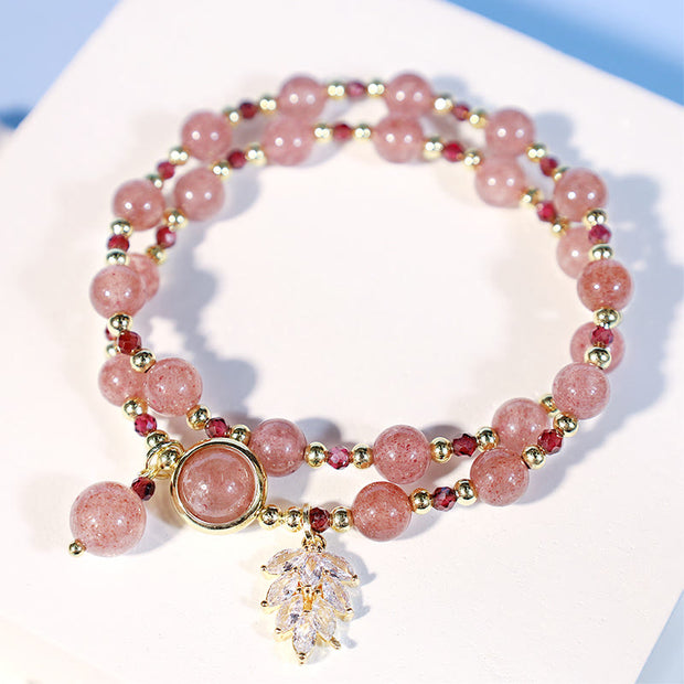 Buddha Stones Natural Strawberry Quartz Love Healing Maple Leaf Charm Double Wrap Bracelet