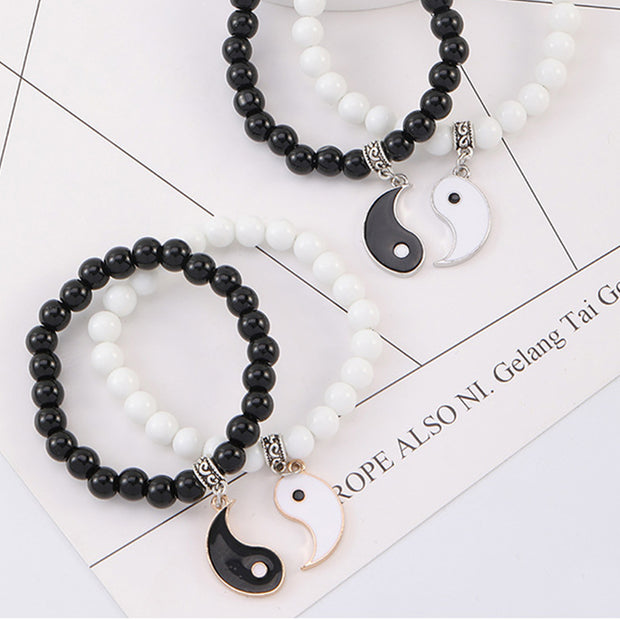 Buddha Stones 2Pcs Black Onyx White Turquoise Bead Yin Yang Protection Couple Bracelet Bracelet BS 12