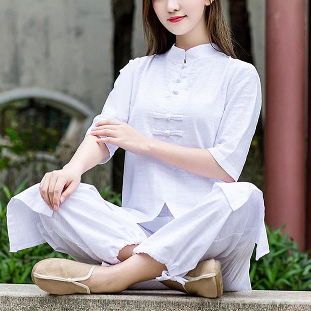 Buddha Stones 2Pcs Half Sleeve Shirt Top Pants Meditation Zen Tai Chi Linen Clothing Women's Set Women's Meditation Cloth BS White(Top&Pants) 2XL(Bust 102cm/Waist 78-102cm/Hips 110cm)
