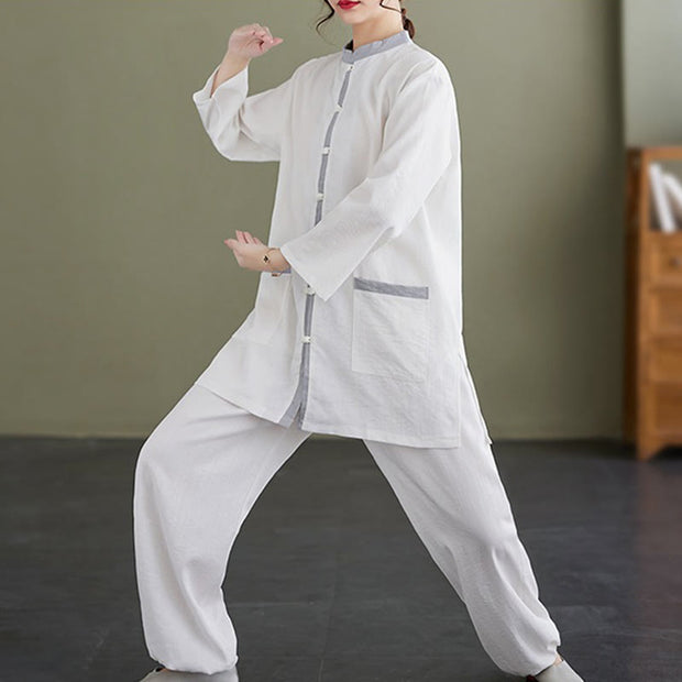 Buddha Stones 2Pcs Solid Color Long Sleeve Shirt Top Pants Meditation Zen Tai Chi Cotton Linen Clothing Women's Set