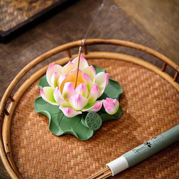 Buddha Stones Lotus Flower Leaf Pod Spiritual Healing Ceramic Stick Incense Burner Decoration Incense Burner BS 5